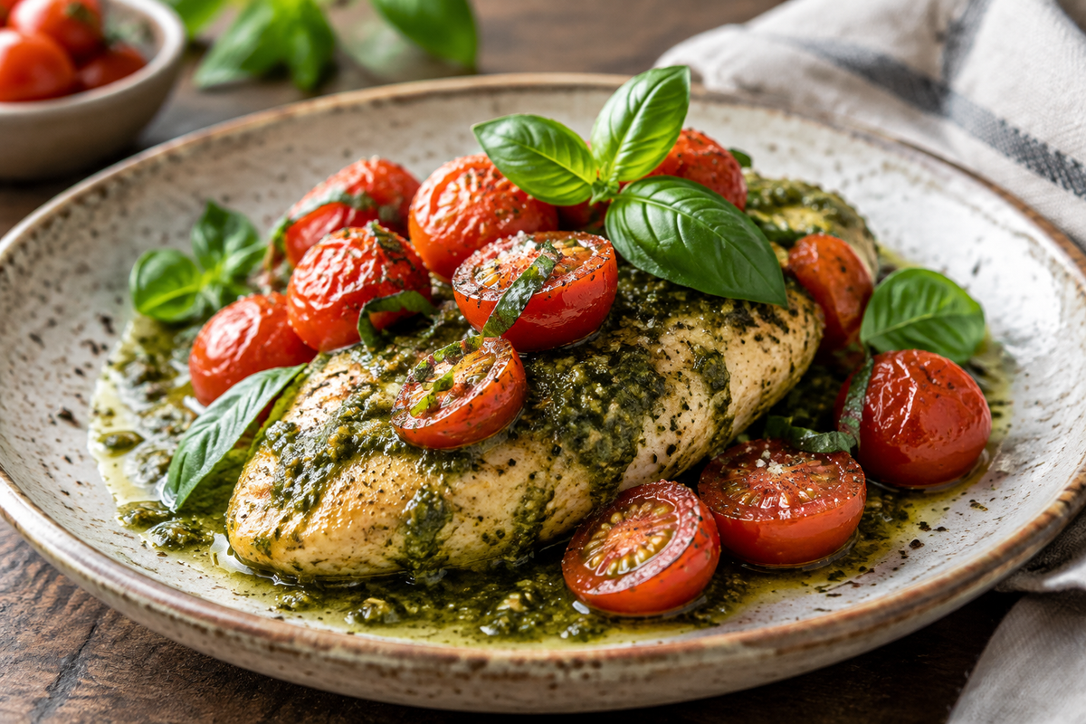 Flavorful pesto chicken with juicy cherry tomatoes plated and garnished with fresh basil