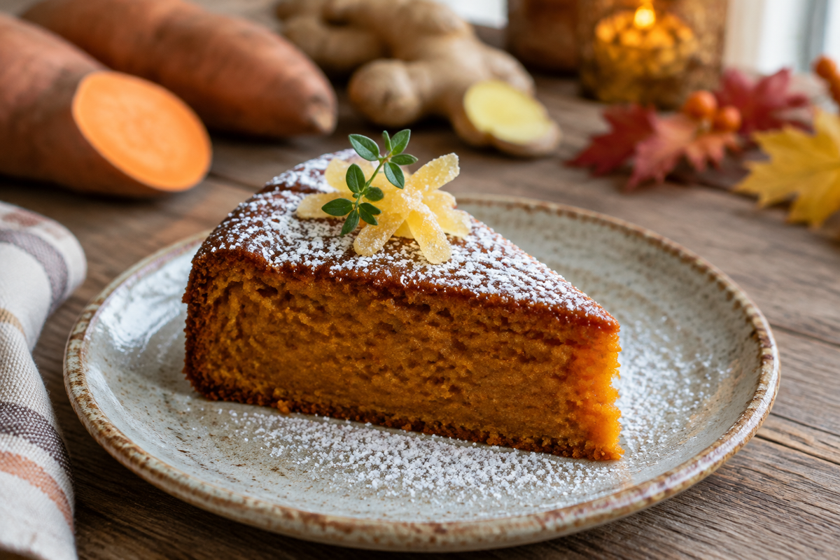 Moist slice of flourless sweet potato ginger cake garnished with powdered sugar and fresh ginger