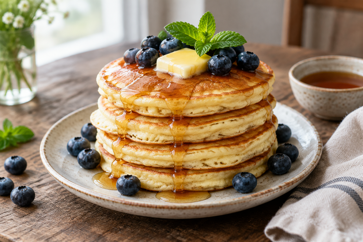 Stack of fluffy buttermilk pancakes with butter and maple syrup, garnished with fresh blueberries