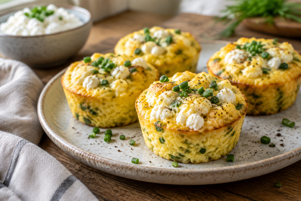 Fluffy cottage cheese egg muffins garnished with chives and pepper on a rustic plate