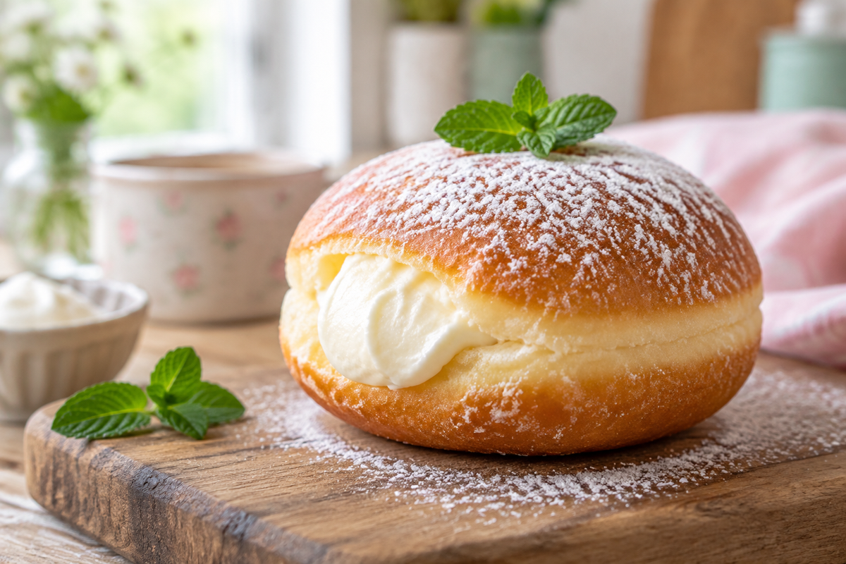 Fluffy Korean milk cream donut with creamy filling and powdered sugar dusting