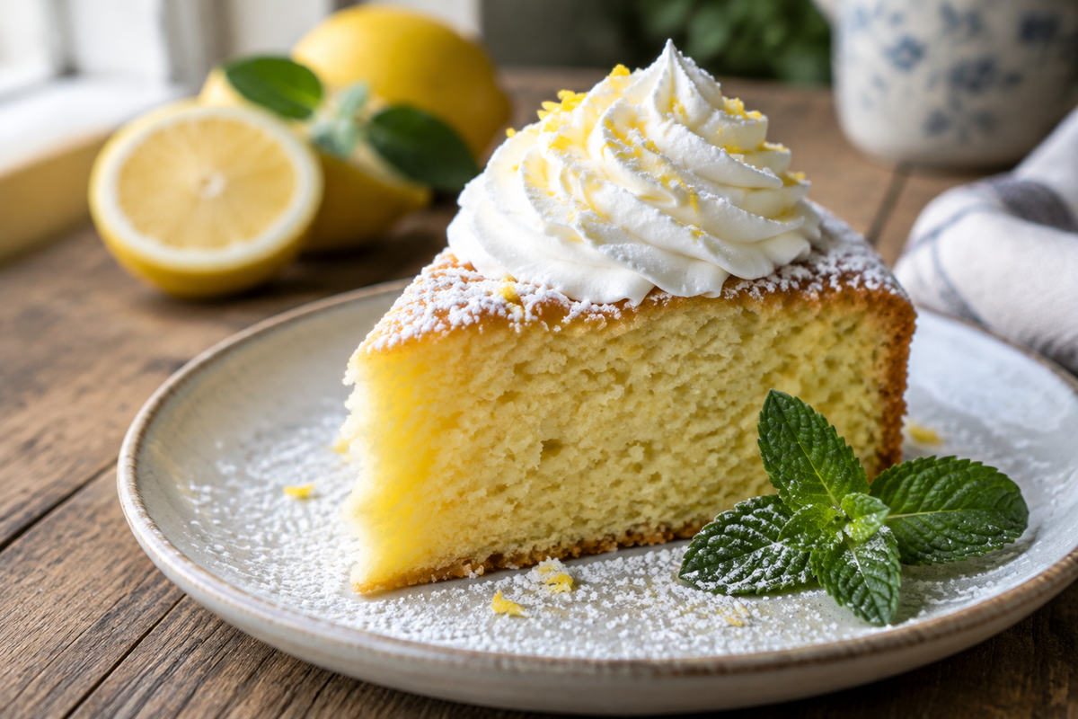 Fluffy lemon cake slice topped with whipped cream and powdered sugar dusting on rustic wooden surface