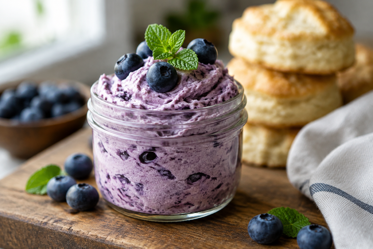 Fluffy whipped blueberry butter in a jar garnished with fresh blueberries and mint