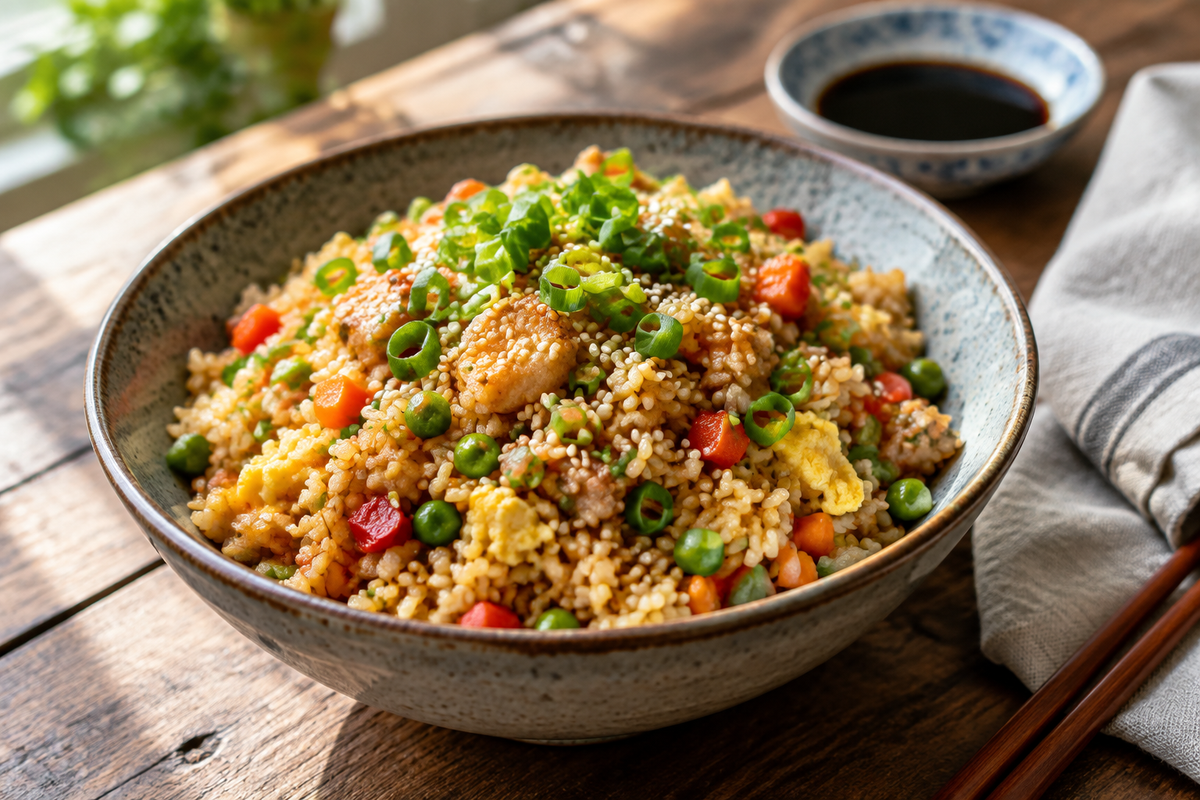 Bowl of freakin’ fantastic fried rice garnished with green onions and sesame seeds