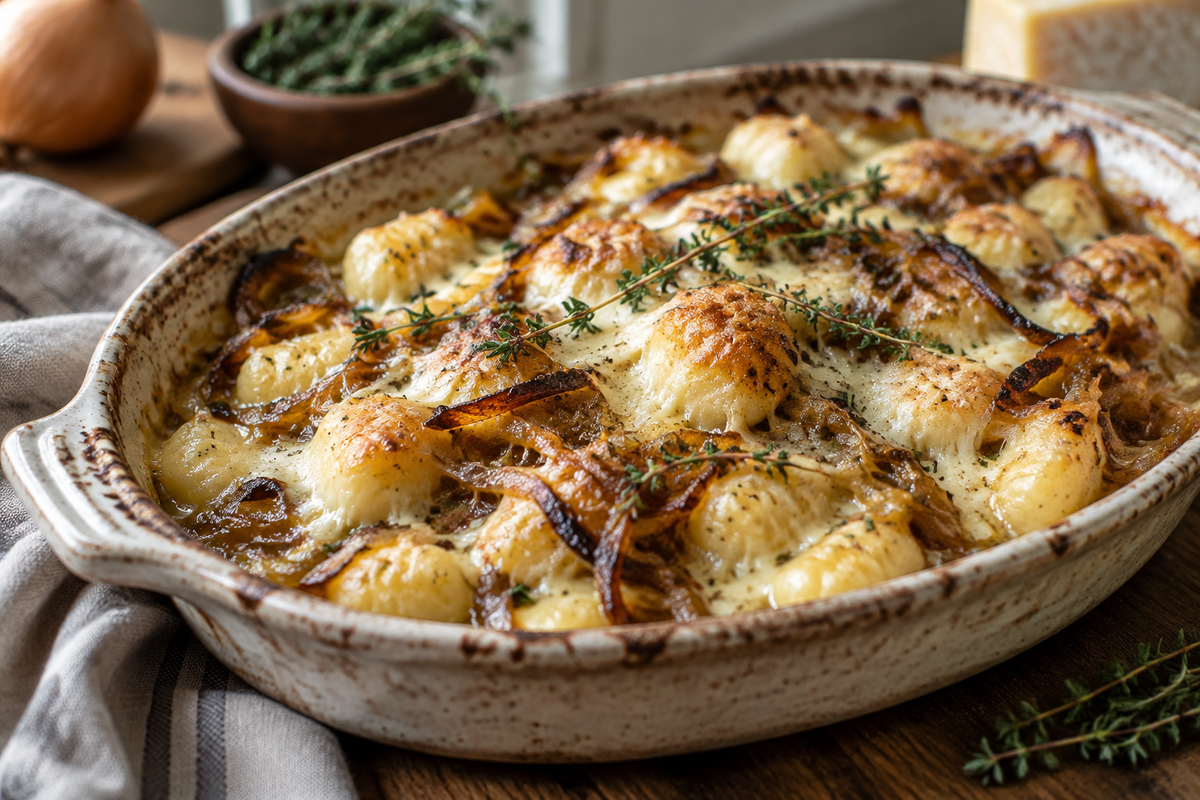 French onion gnocchi bake topped with golden caramelized onions and melted cheese