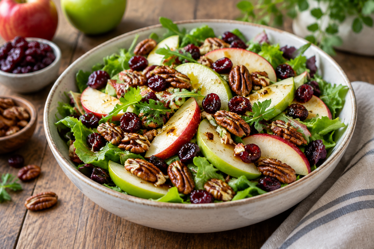 Fresh apple cranberry pecan salad with crisp apples, cranberries, and pecans in a bowl