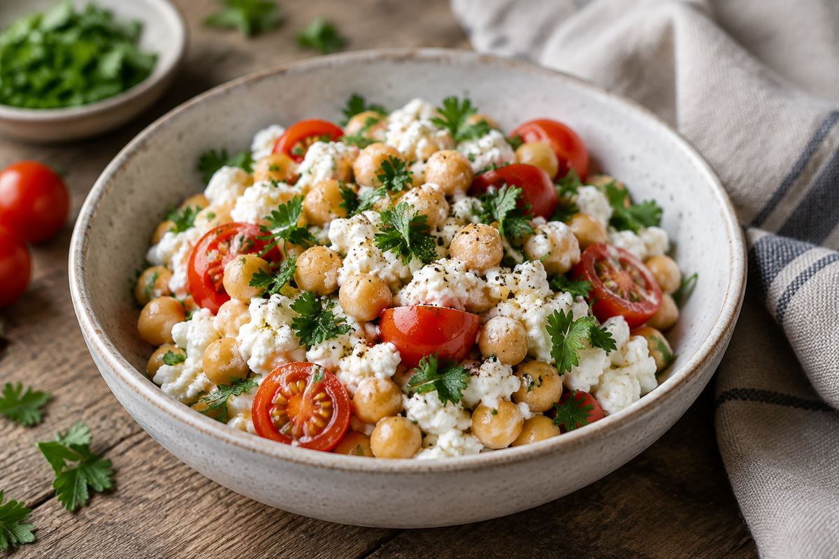 Cottage cheese salad with chickpeas, fresh herbs, and cherry tomatoes in a bowl
