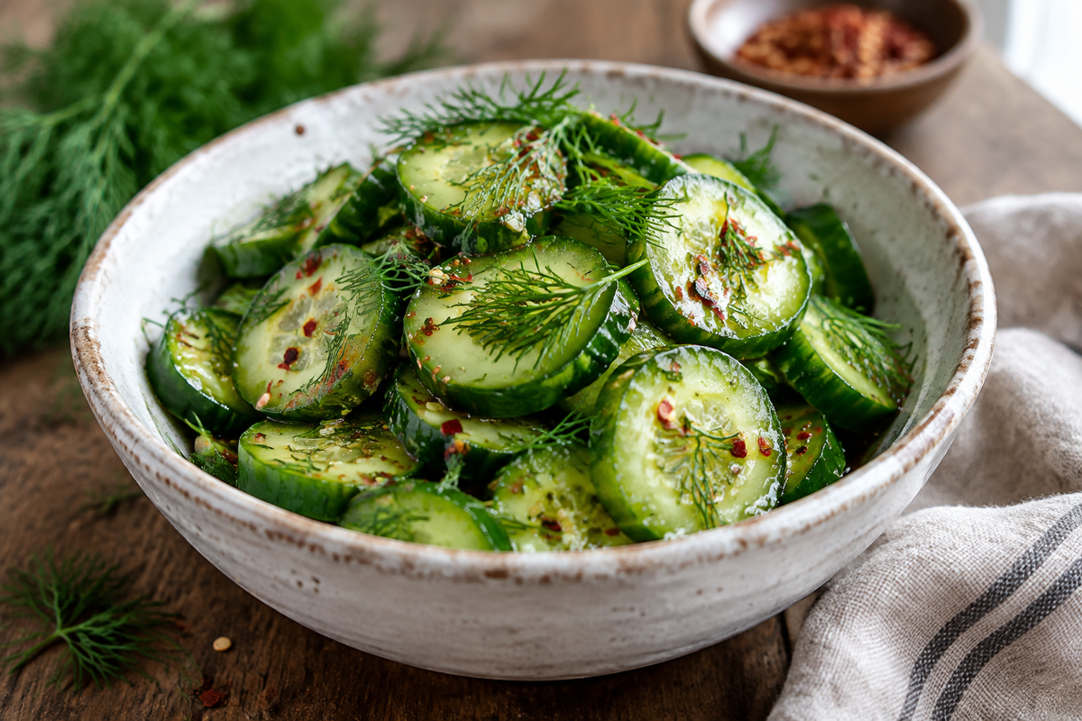 Marinated cucumber salad in white bowl garnished with fresh dill and chili flakes