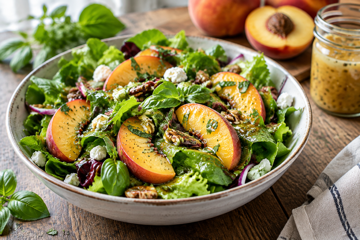 Fresh salad dressed with peach honey dijon vinaigrette with visible peach slices and herbs