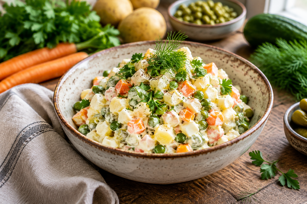 Fresh salade russe fraîche aux légumes with colorful diced vegetables in creamy dressing garnished with herbs