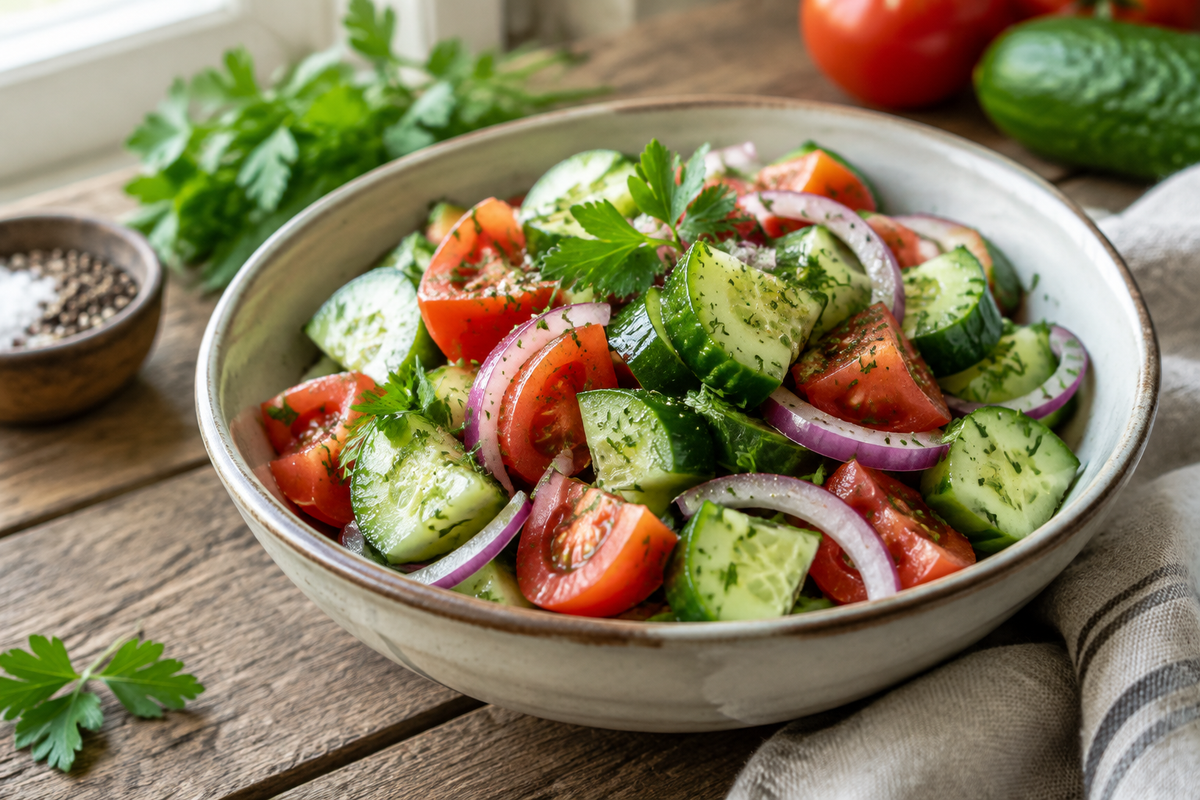Fresh tangy salad with cucumber, onion, and tomato served in a bowl with herbs