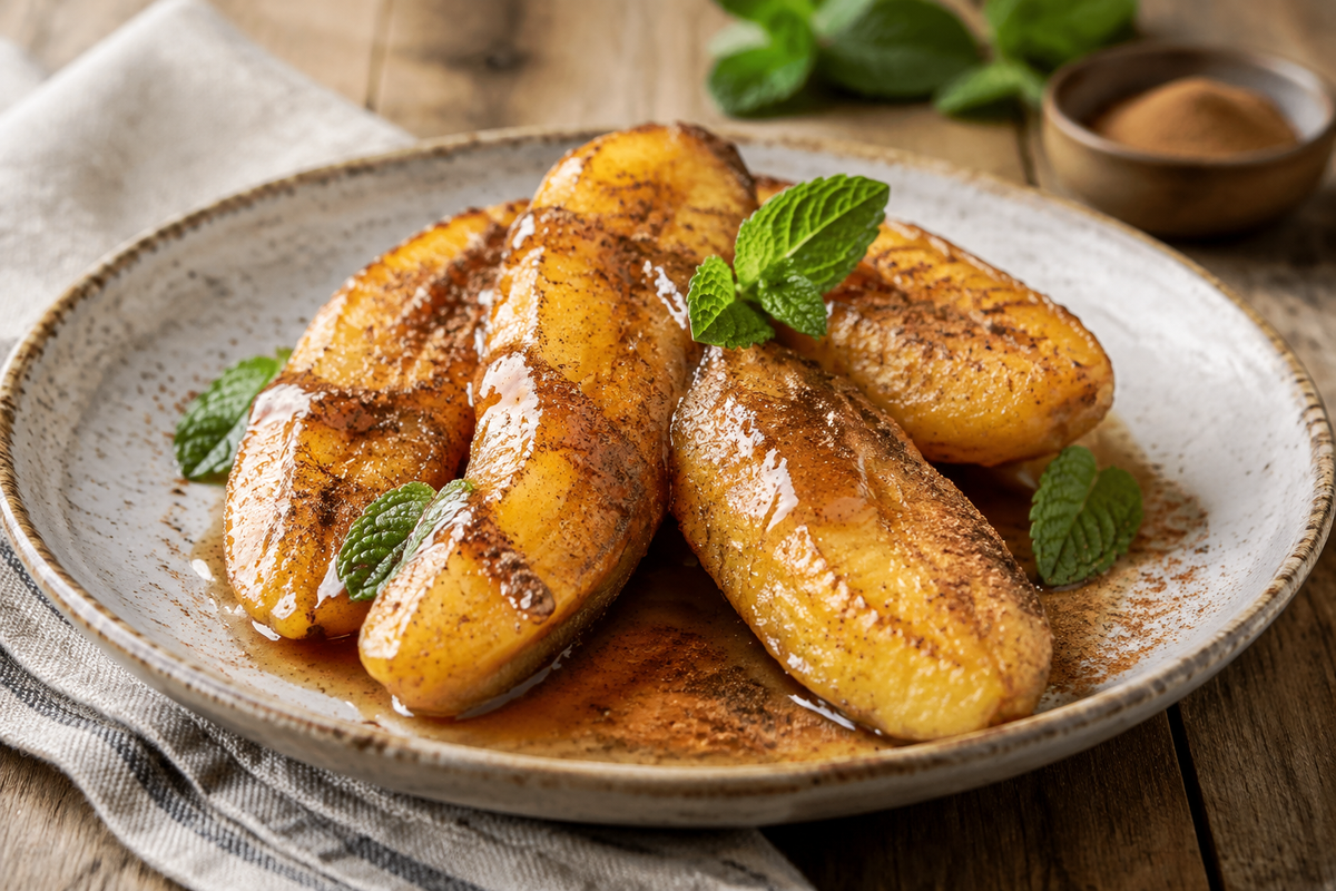 Golden fried bananas with cinnamon butter sauce garnished with cinnamon and mint, showcasing fried bananas