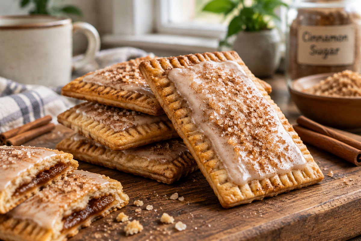 Frosted brown sugar cinnamon cookies stacked on wooden board with cinnamon sugar glaze