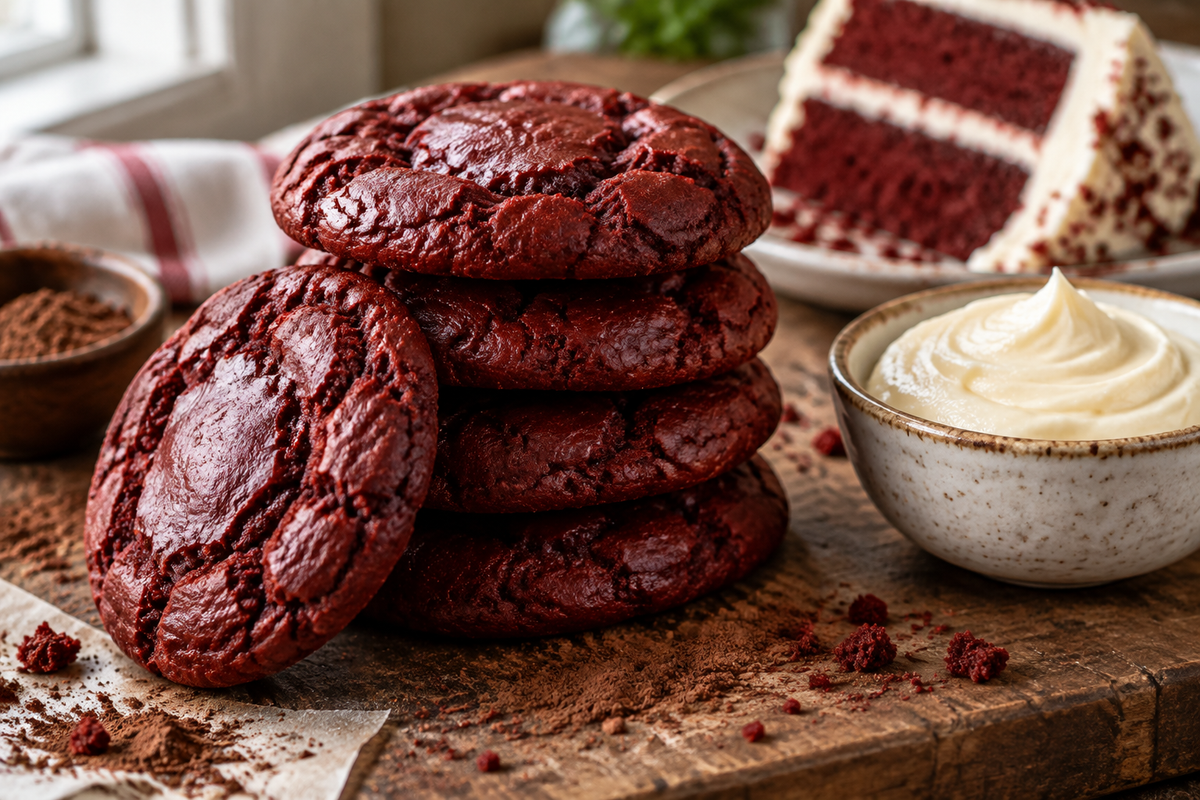 Fudgy red velvet cookies with browned butter blondie texture stacked on rustic board
