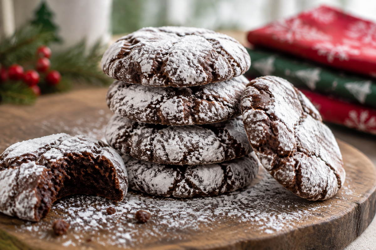 Fudgy soft Christmas cookies dusted in powdered sugar on a rustic wooden board