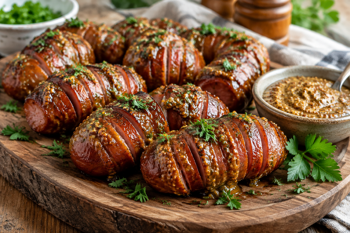 Savory mustard-glazed kielbasa bites on rustic platter garnished with parsley