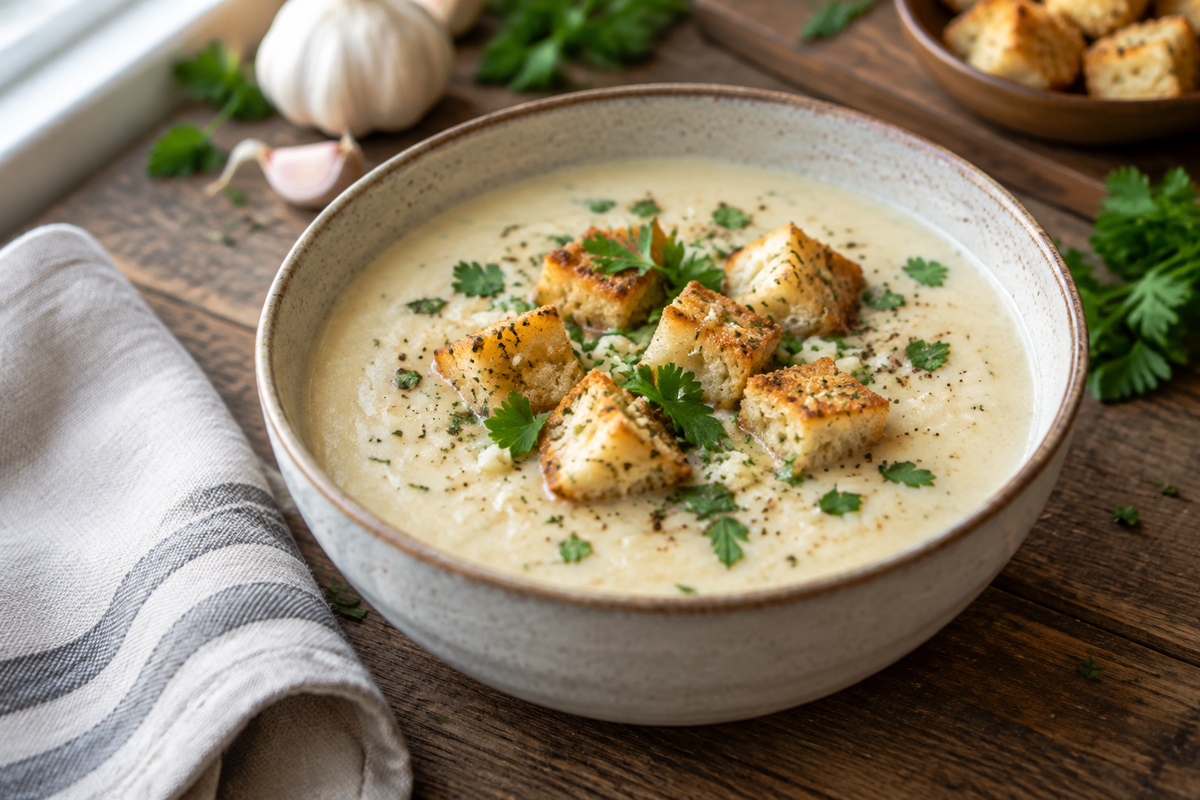Creamy garlic bread soup garnished with toasted croutons and parsley, showcasing garlic bread soup comfort food