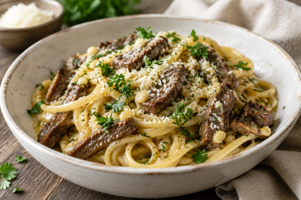 Garlic butter beef pasta with parsley garnish in a rustic bowl, showcasing rich sauce and tender beef