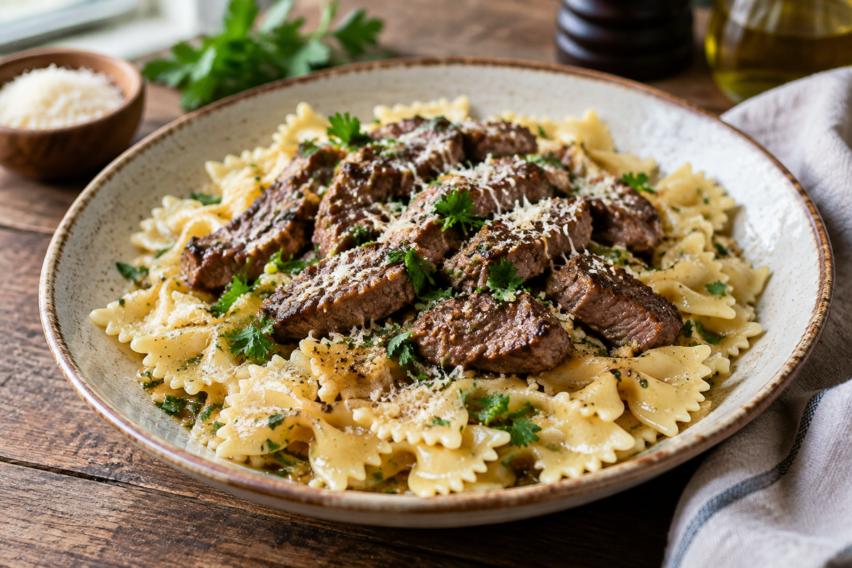 Garlic butter bowtie pasta with beef perfection garnished with parsley and Parmesan cheese