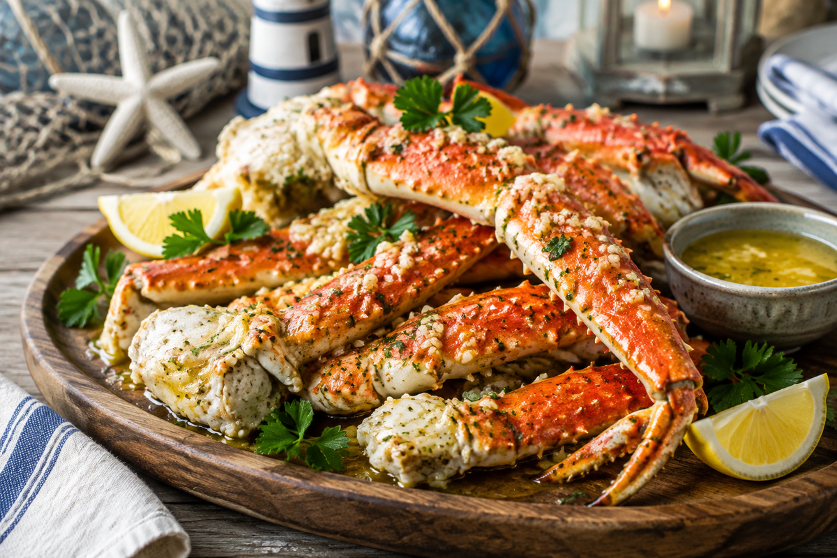 Garlic butter crab legs served with parsley and lemon wedges in an appetizing presentation