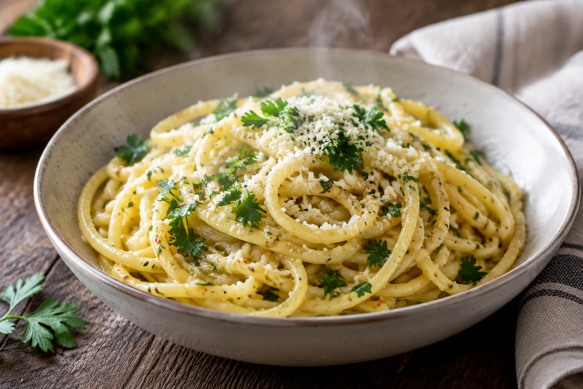 A bowl of garlic butter pasta garnished with parsley and Parmesan, showcasing garlic butter pasta