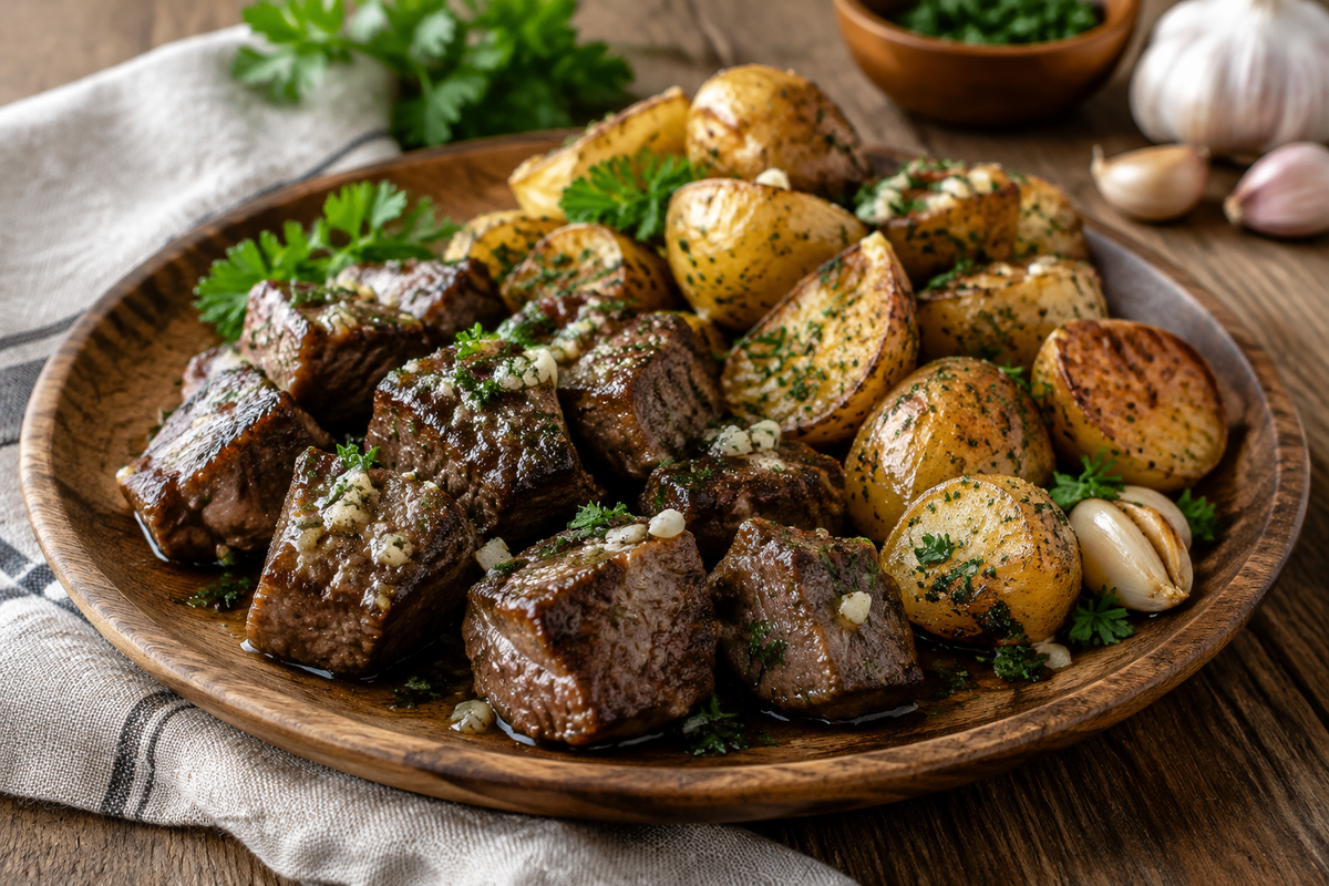 Garlic butter steak bites served with crispy roasted potatoes garnished with parsley