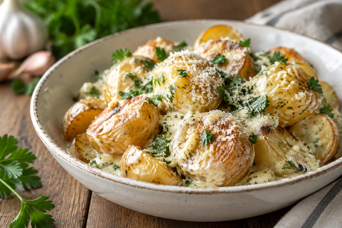 Creamy garlic sauce baby potatoes garnished with fresh herbs and Parmesan cheese