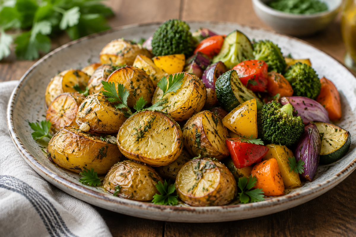 Garlic herb roasted potatoes and veggies plated with fresh parsley garnish
