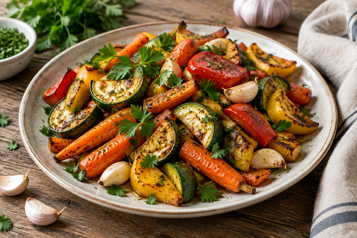 Plate of garlic herb roasted veggies garnished with fresh herbs, showcasing garlic herb roasted veggies