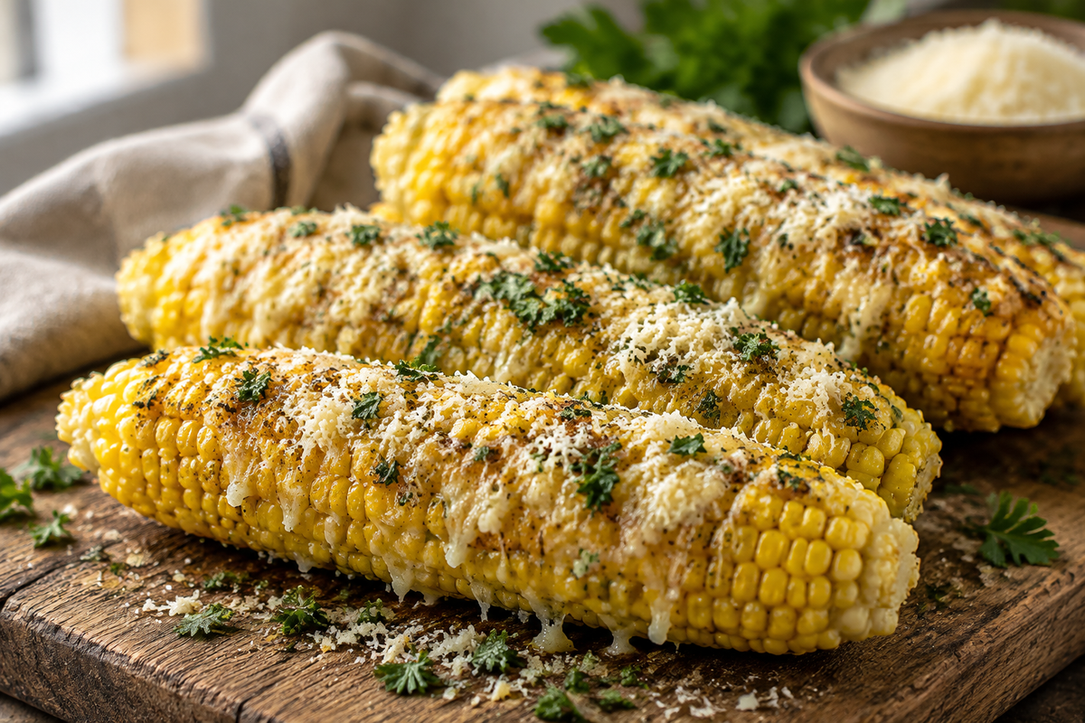 Garlic parmesan corn on the cob topped with melted cheese and parsley, served on wooden board