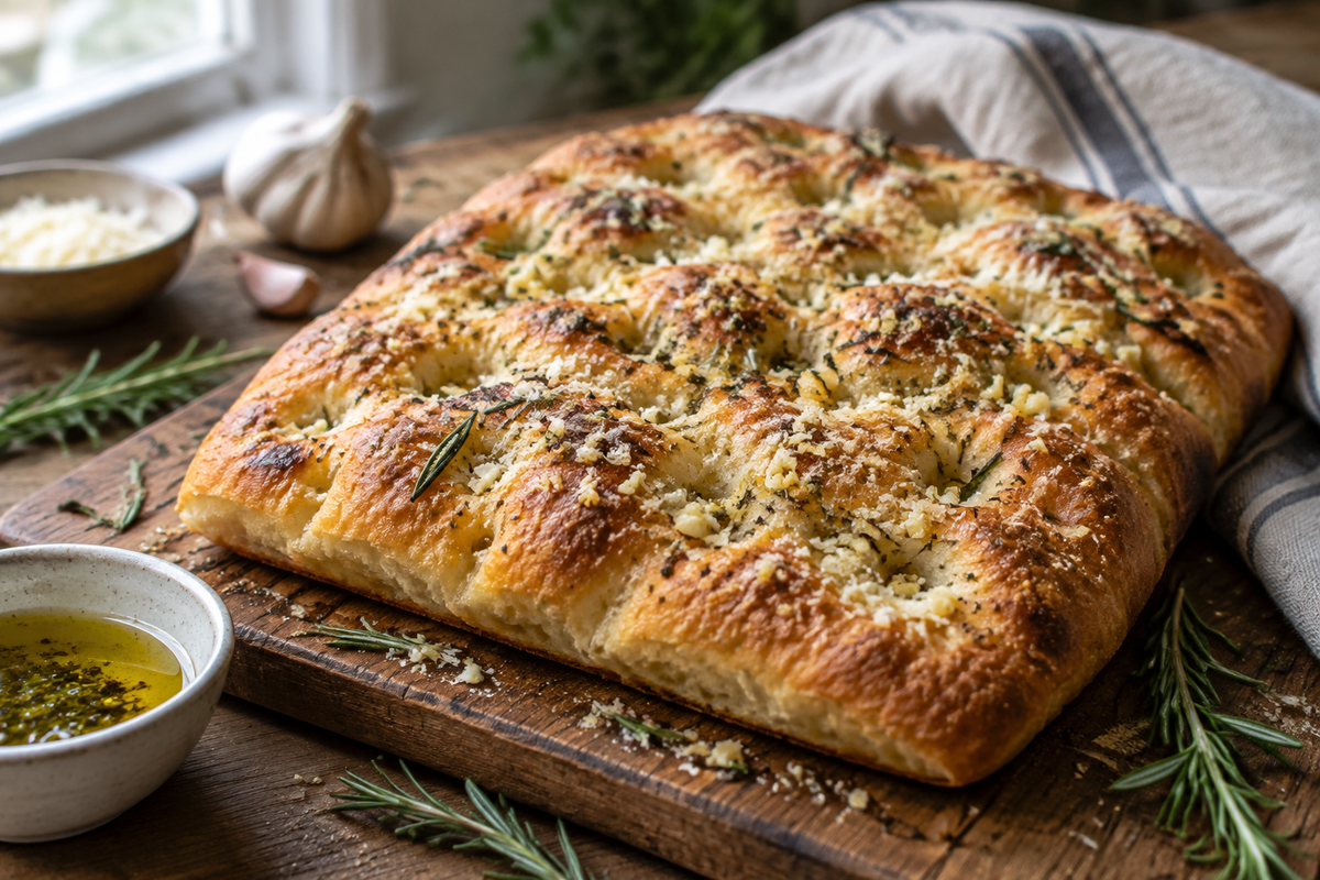 Garlic parmesan focaccia bread with golden crust and fresh rosemary garnish on rustic wooden board