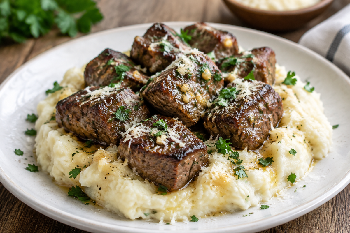 Garlic parmesan steak bites served with creamy mashed potatoes and garnished with parsley