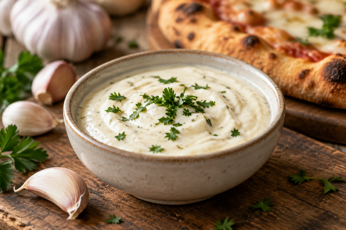 Creamy garlic sauce pizza in a bowl garnished with parsley, perfect garlic sauce pizza recipe