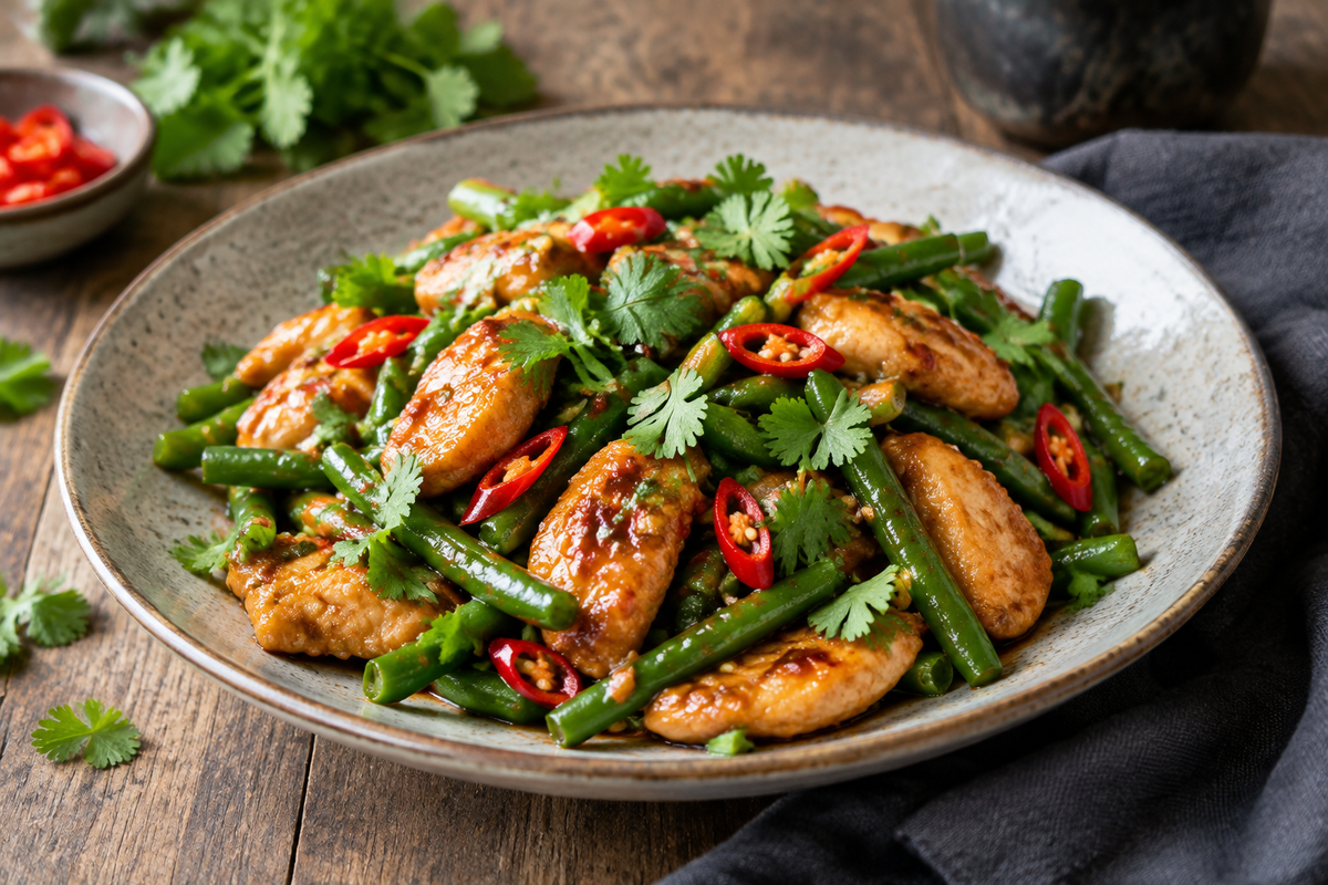 Garlicky sweet Thai chili chicken and green beans stir fry garnished with fresh herbs