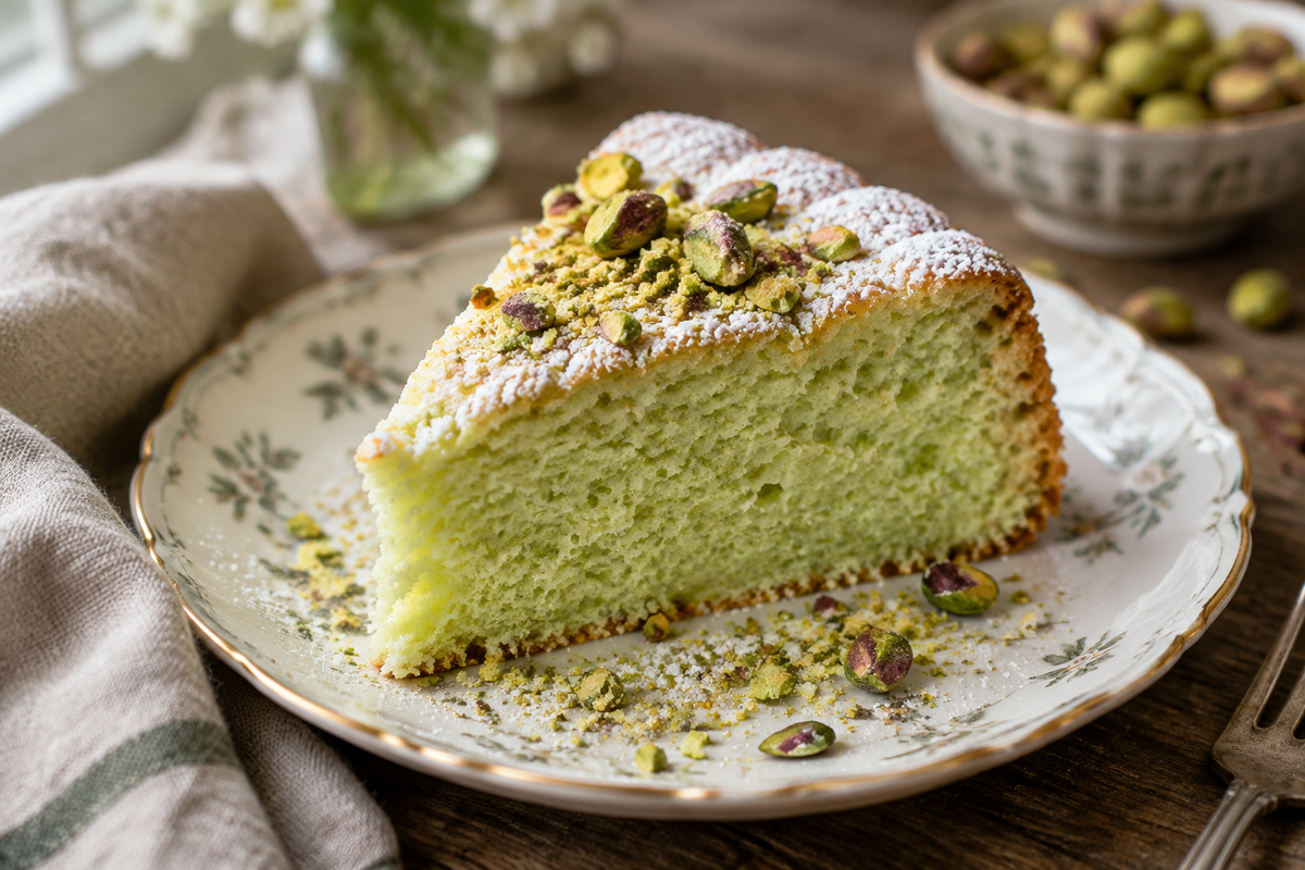 Slice of gâteau nuage pistache showing fluffy pistachio cake with crushed pistachio garnish