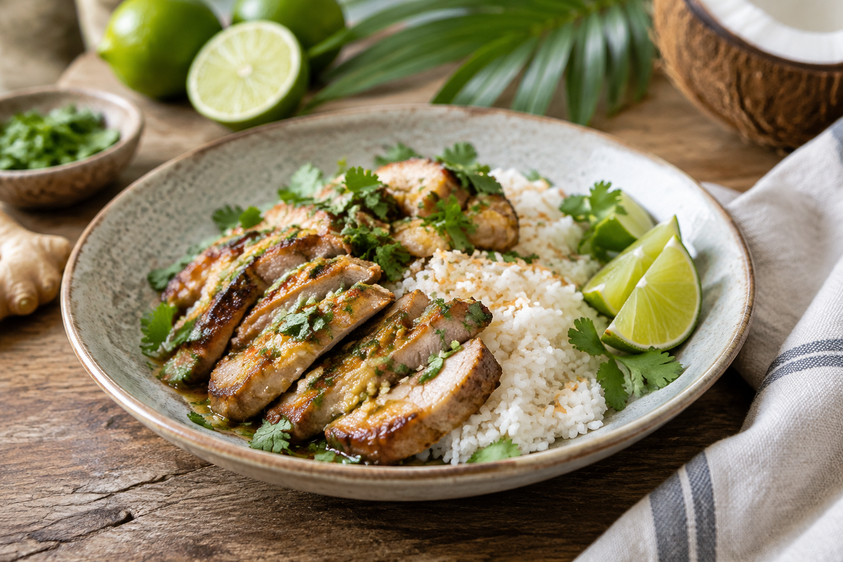 Ginger lime pork served with creamy coconut rice, garnished with lime wedges and cilantro