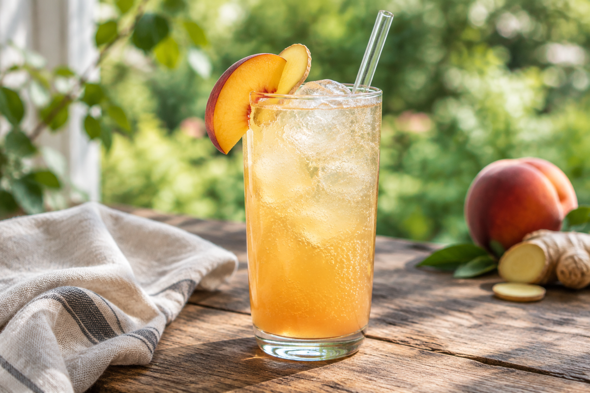Refreshing ginger peach sparkler mocktail garnished with peach and ginger slices in glass