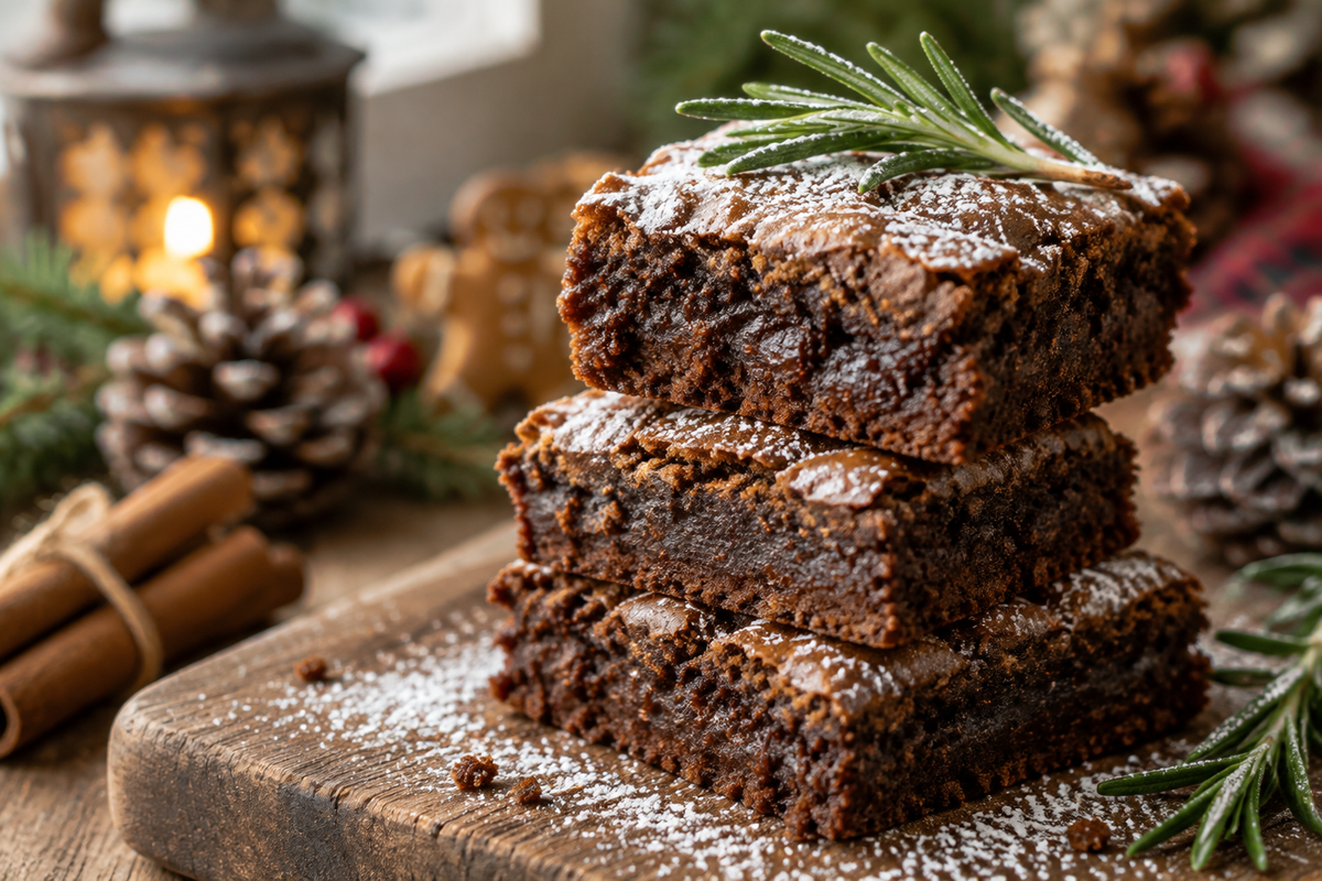 Close-up of fudgy gingerbread brownies dusted with powdered sugar, showcasing the gingerbread brownies texture and festive spices