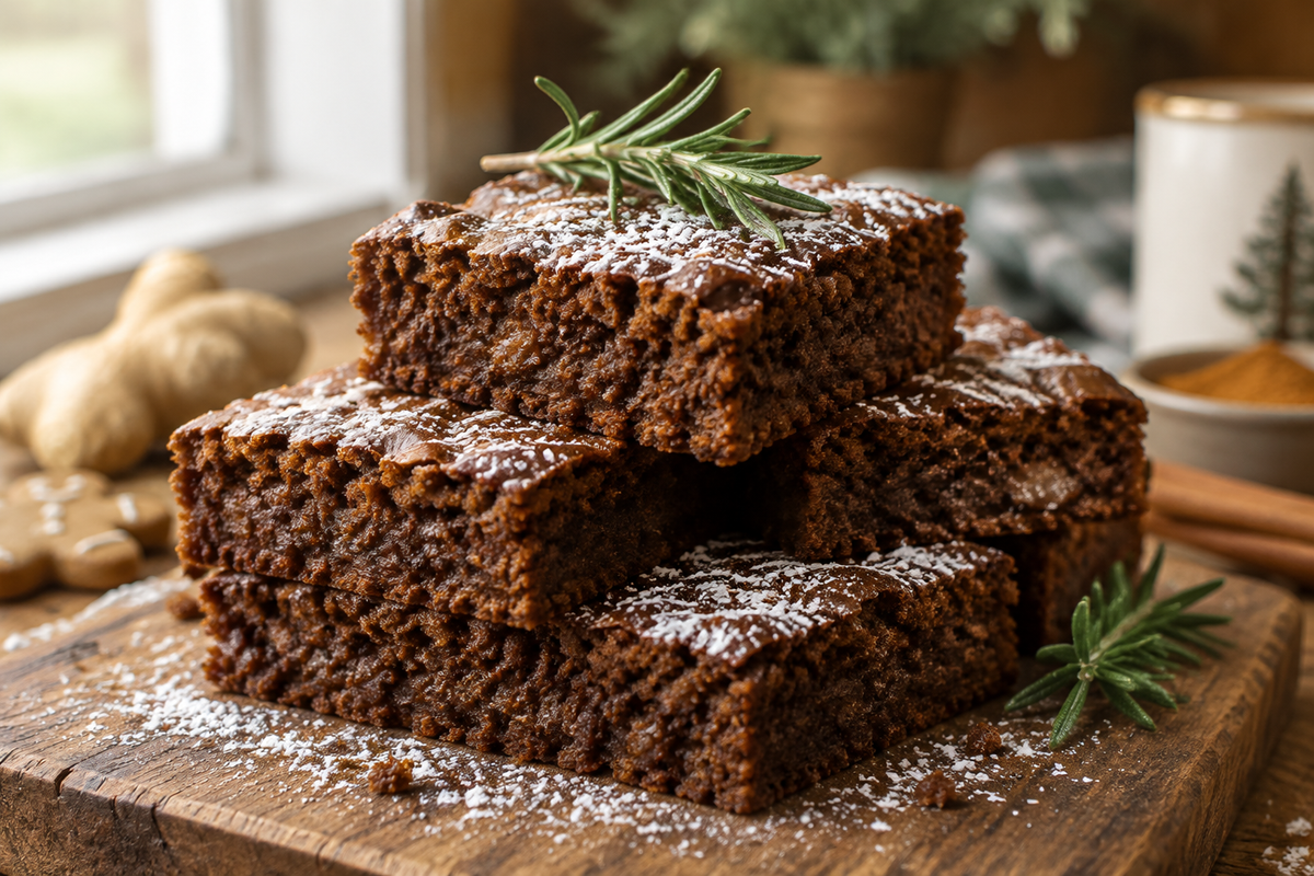 Moist, fudgy gingerbread brownies with warm spices and powdered sugar, perfect gingerbread brownies dessert