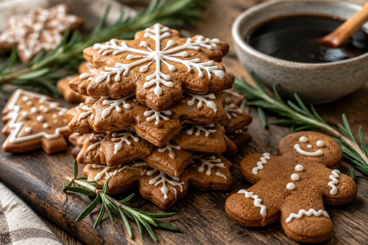 Soft gingerbread cookies with icing designs on rustic board showcasing gingerbread cookies