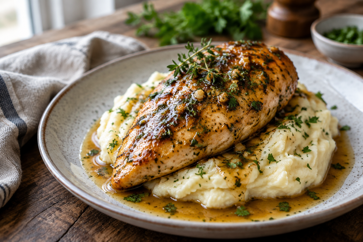 Glazed garlic herb chicken breast over creamy mashed potatoes with pan sauce and fresh herb garnish