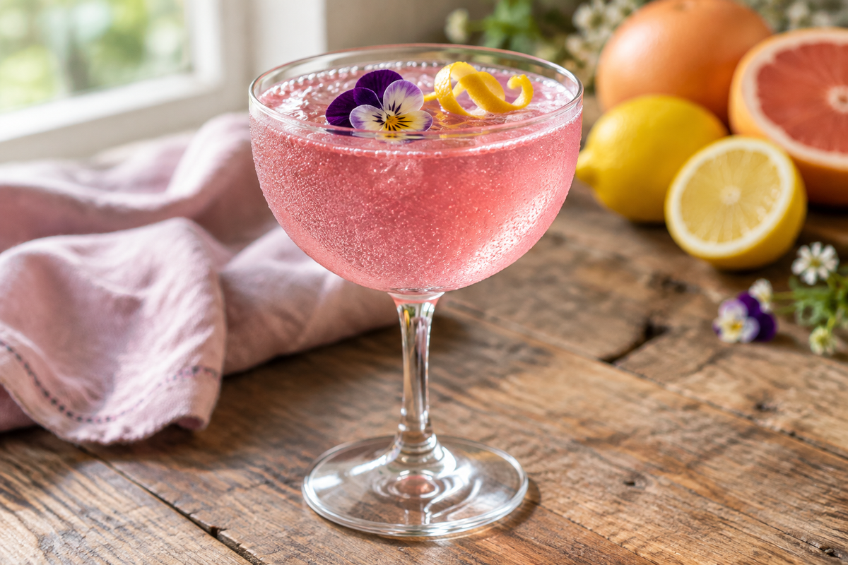 Glinda’s Glamour Fizz cocktail in a glass with lemon twist and edible flower garnish, sparkling and refreshing