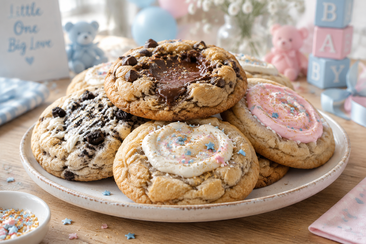 Gluten free Crumbl cookies stacked on a plate with baby gender reveal party decor