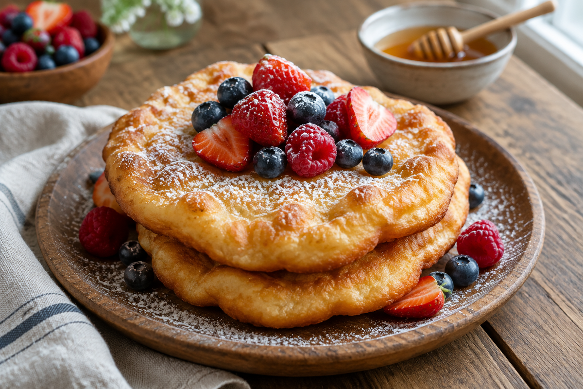 Golden crispy gluten free fry bread stacked with powdered sugar and berries