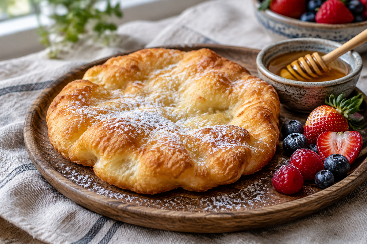 Golden gluten free fry bread with crispy edges and fluffy interior on rustic plate