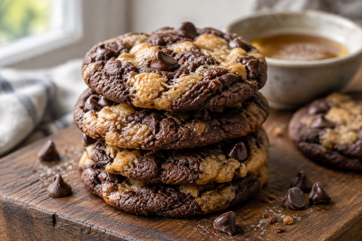 Go-To chocolate sugar cookies with browned butter blondie stacked on rustic board with chocolate chips