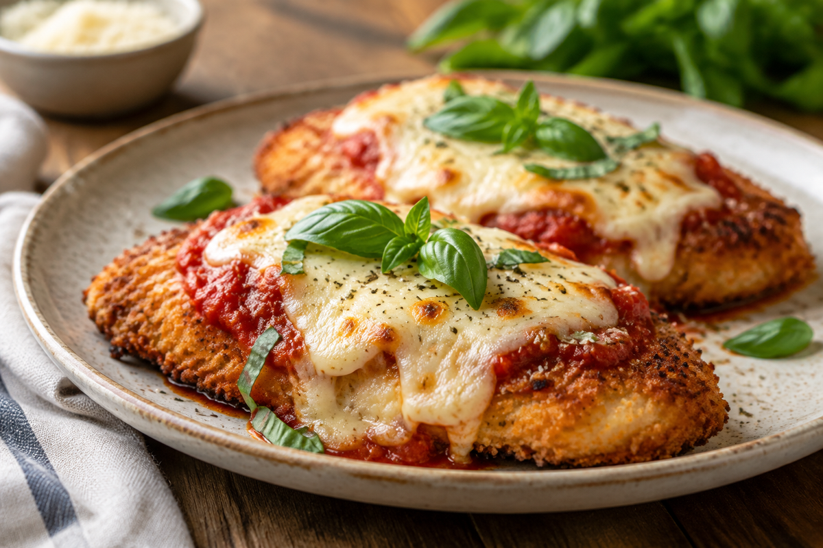 Golden air fryer chicken parmesan topped with marinara sauce and melted cheese garnished with fresh basil