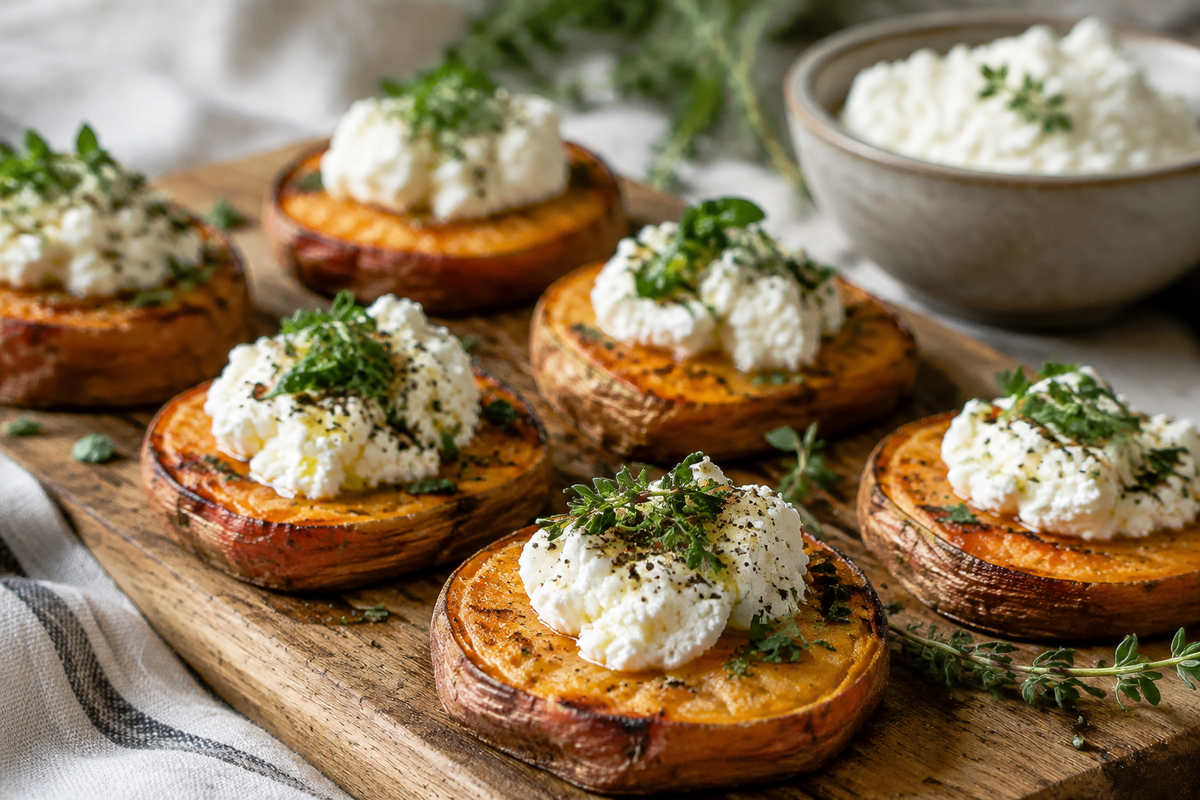 Golden crispy sweet potato rounds topped with luscious goat cheese and fresh herbs