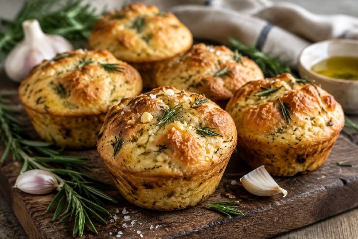 Golden crust garlic rosemary focaccia muffins with fresh rosemary garnish on a wooden board