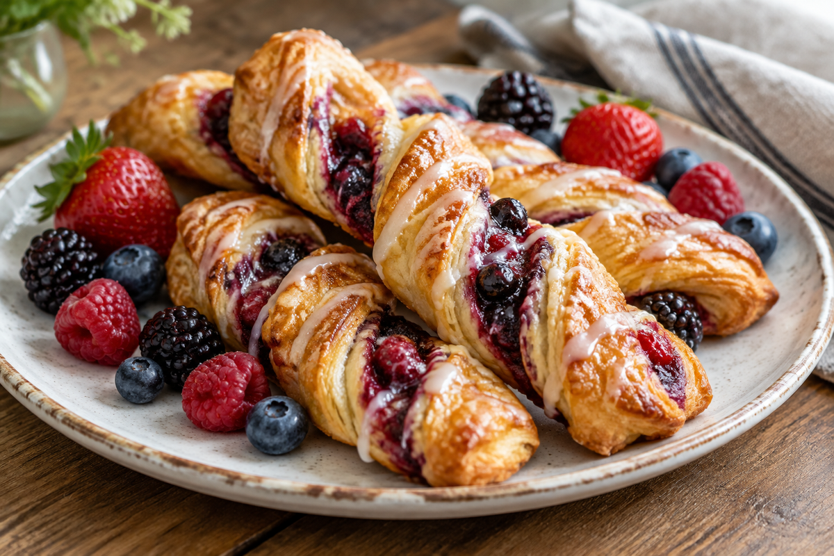 Golden flaky berry puff pastry twists with sweet glaze on rustic plate, showcasing berry puff pastry twists